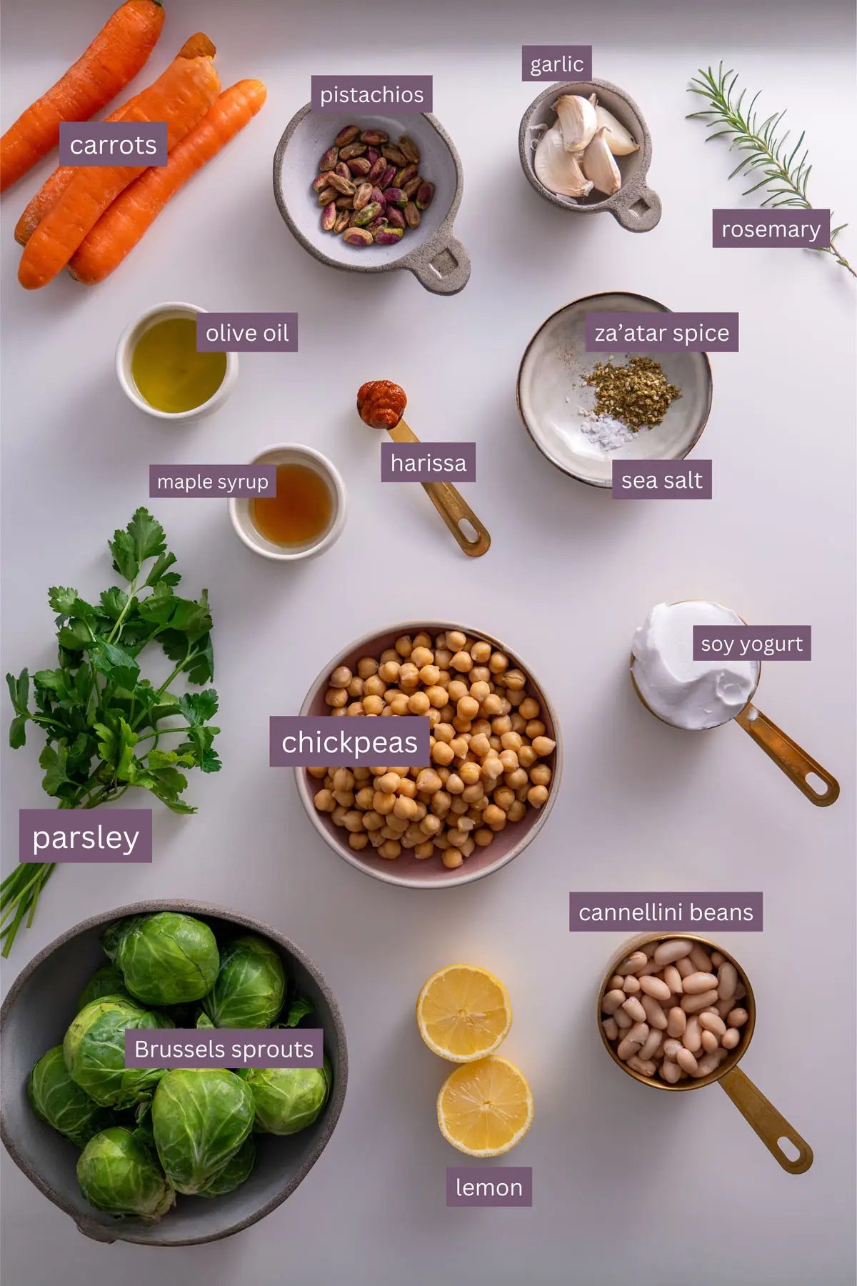 Vibrant ingredients for a sweet and spicy plant-based bowl on a white background.
