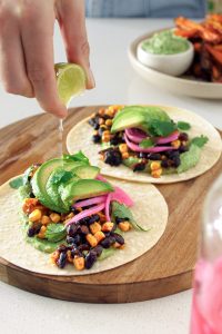 Tangy Black Bean Tacos with Avocado Cream (VEGAN & GF)