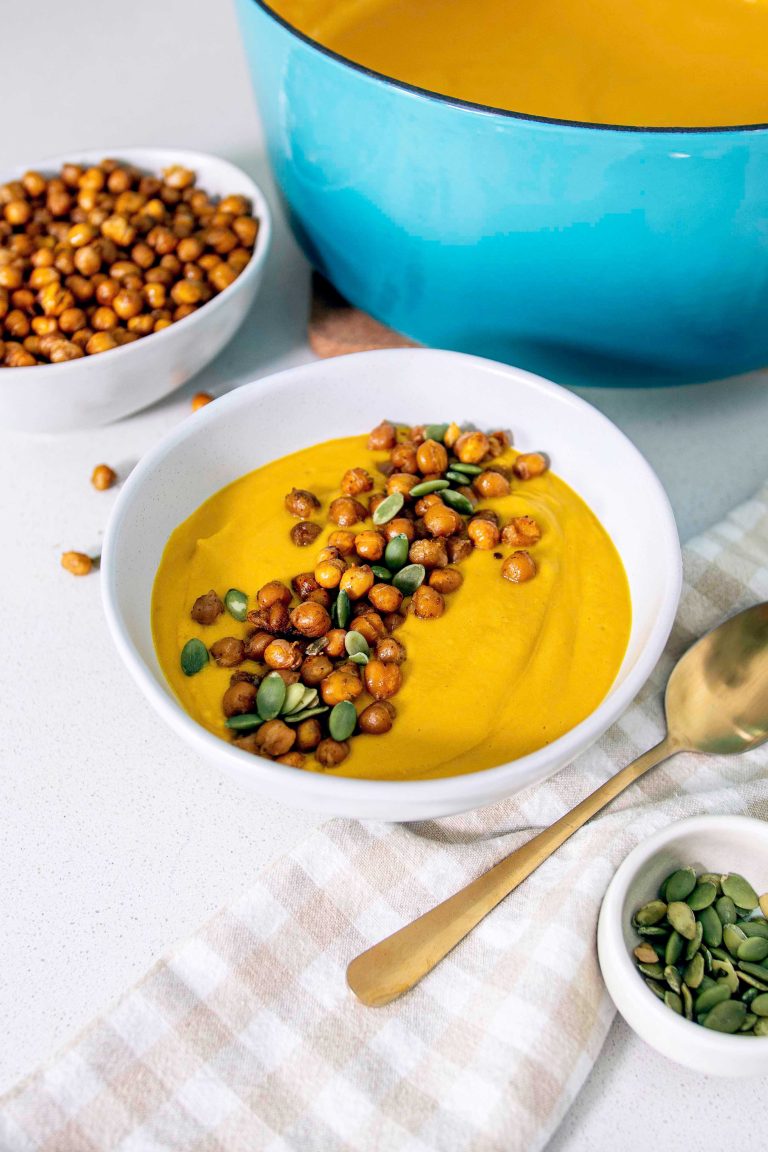 Roasted Carrot Soup w/ Chickpea Croutons