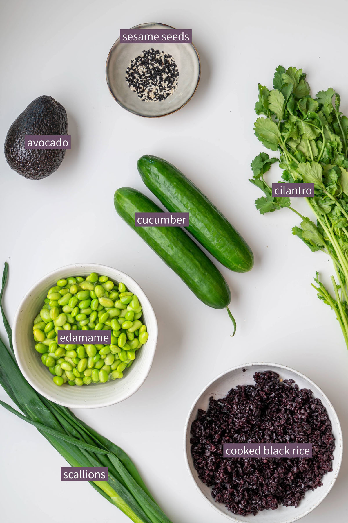 Ingredients for Edamame and Forbidden Rice Salad on white background