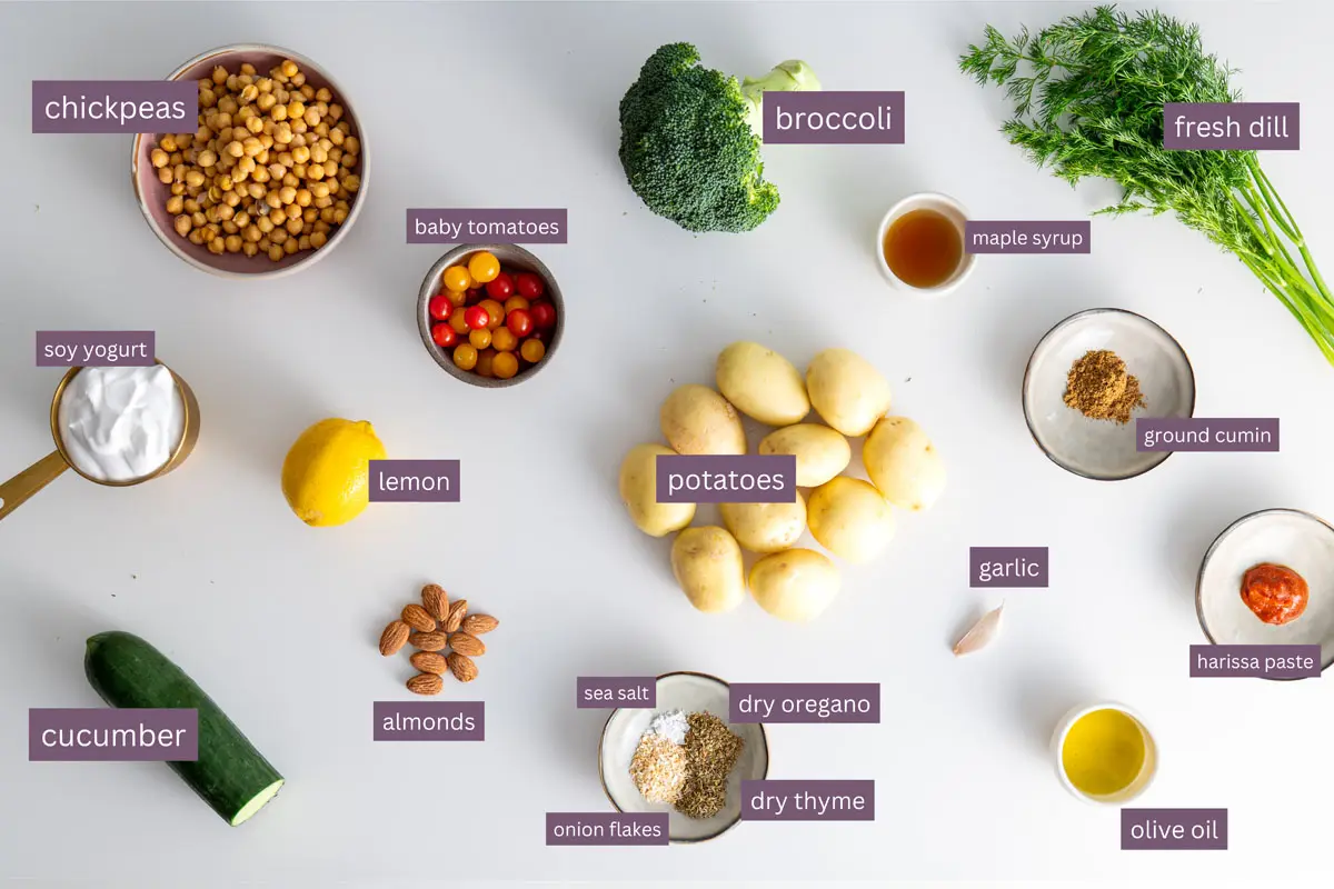 Ingredients for Mediterranean roasted potato and tzatziki bowl on a white surface.