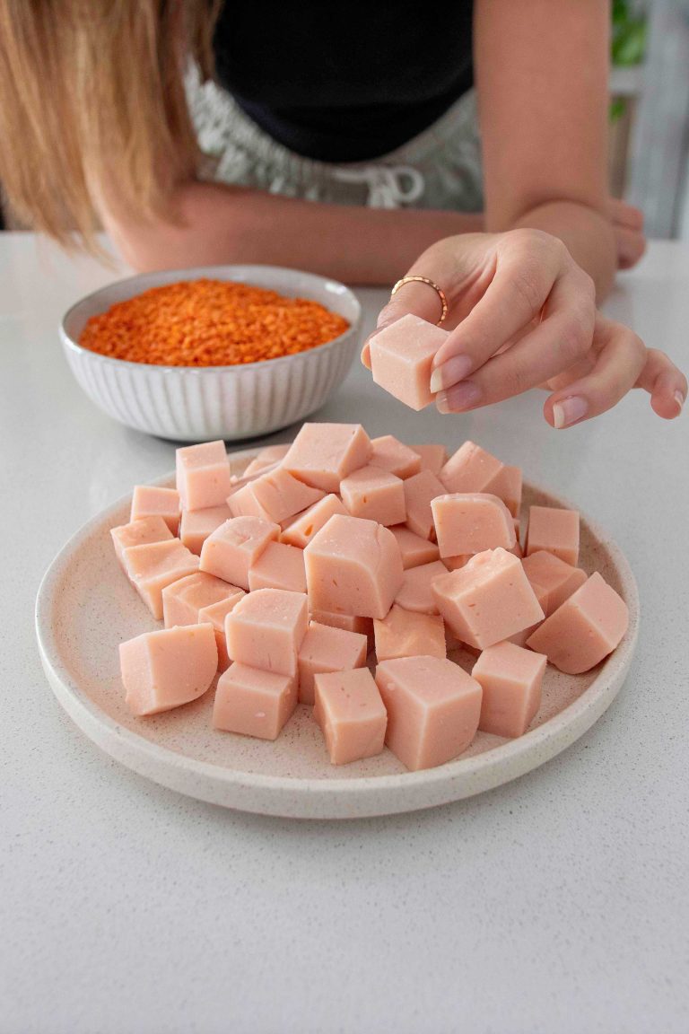 Home-made red lentil tofu in a bowl
