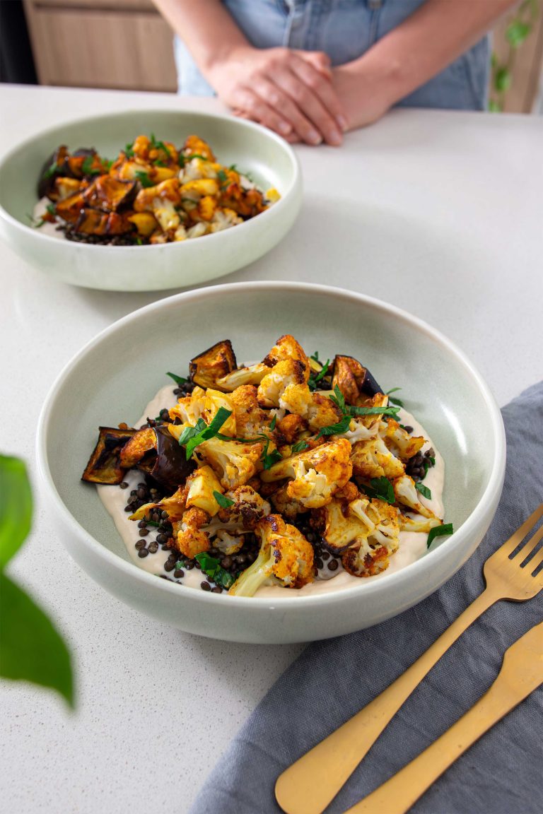 Roasted Cauliflower Bowl with Garlic Confit Yogurt Dip