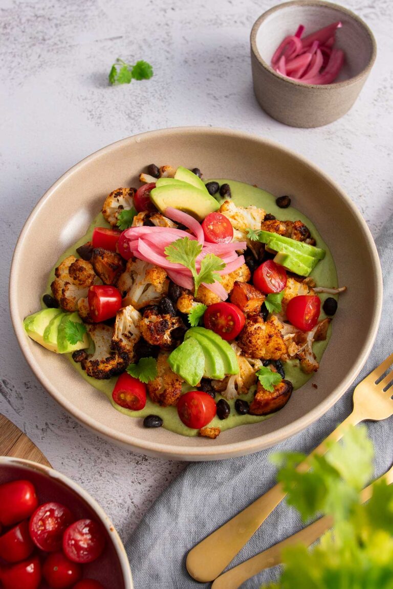 Roasted Sweet Potato & Cauliflower Bowl in Creamy Cilantro Sauce
