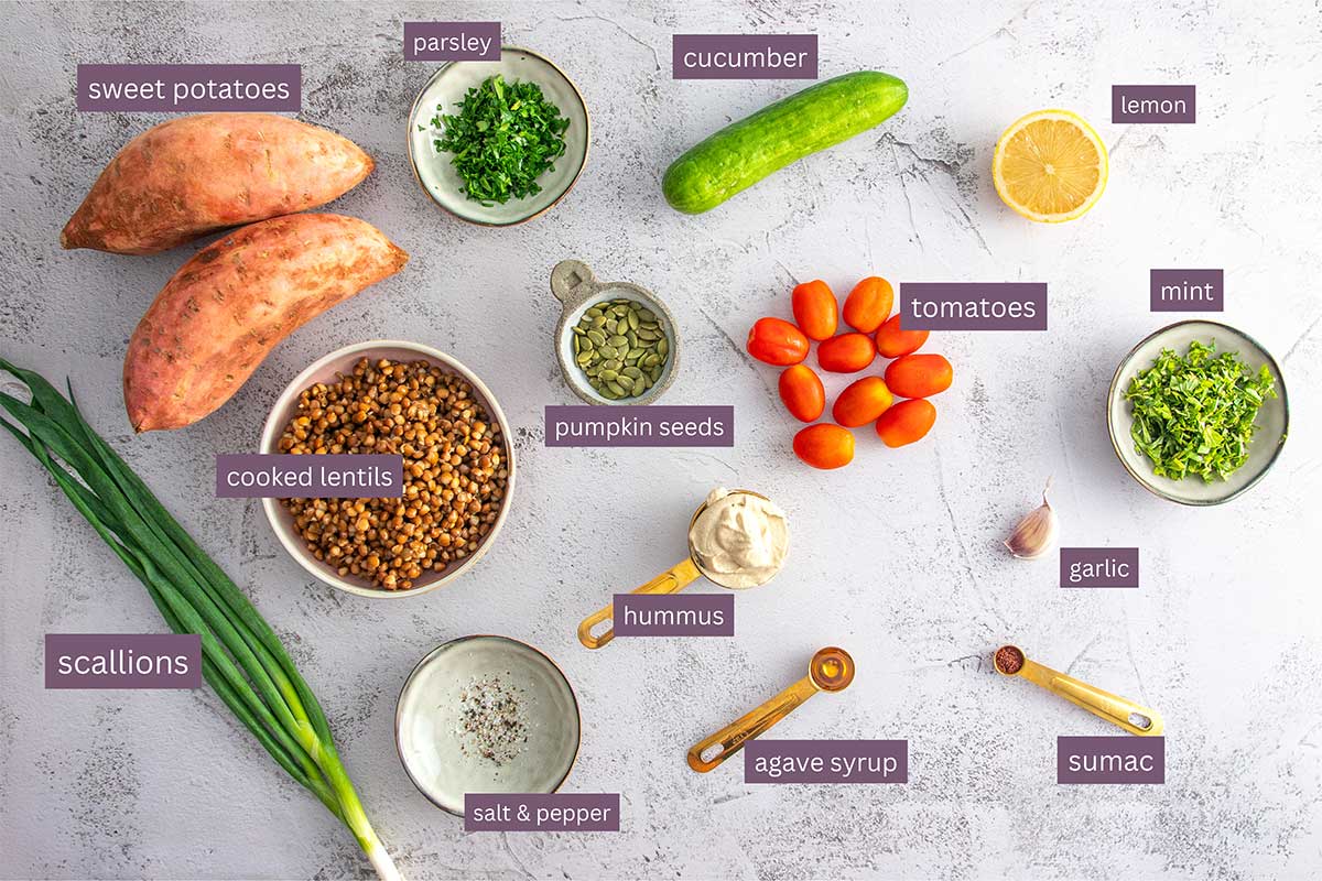 Ingredients for Roasted Sweet Potato Tabbouleh Bowl including sweet potatoes, lentils, and fresh vegetables