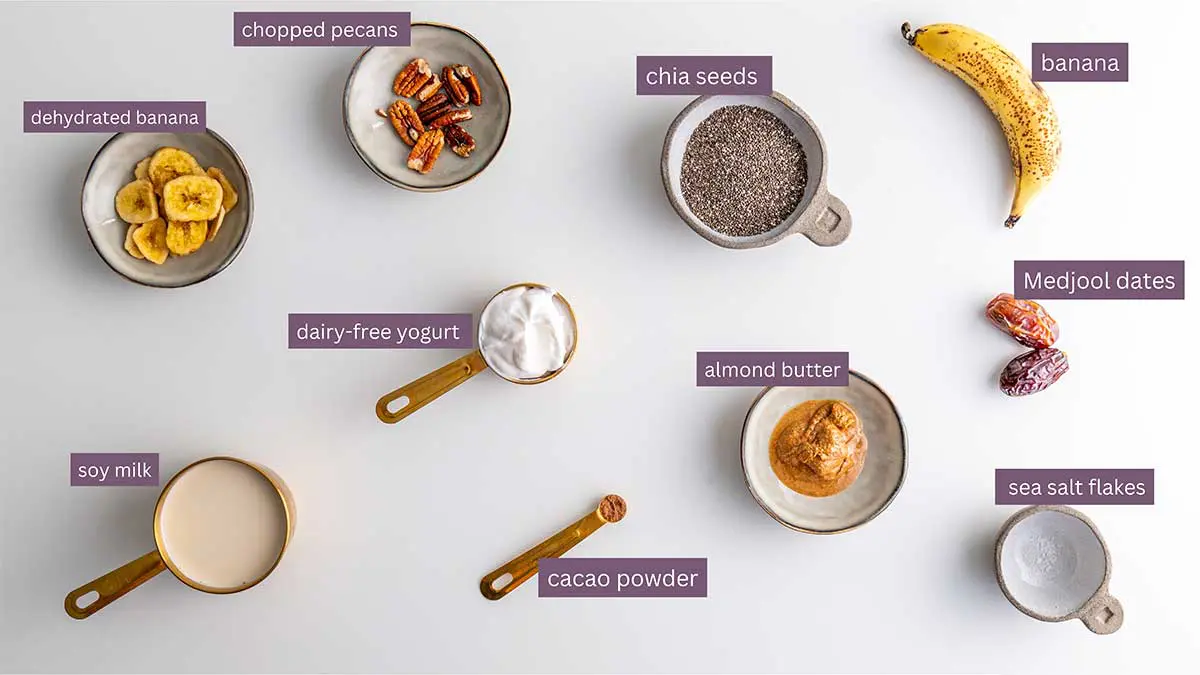 Organized layout of all the ingredients needed for Banoffee Chia Pudding, including dairy-free yogurt, soy milk, chia seeds, banana, Medjool dates, almond butter, cacao powder, sea salt flakes, chopped pecans, and dehydrated banana.