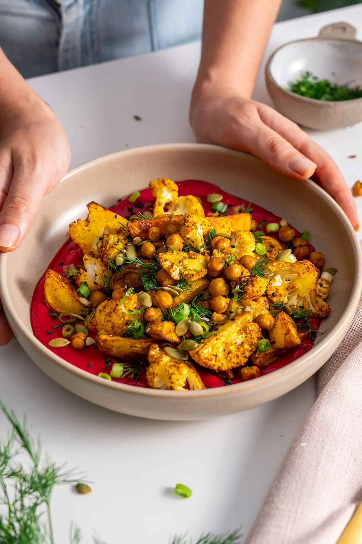 A fully prepared high-protein beetroot bowl presented in a ceramic dish.