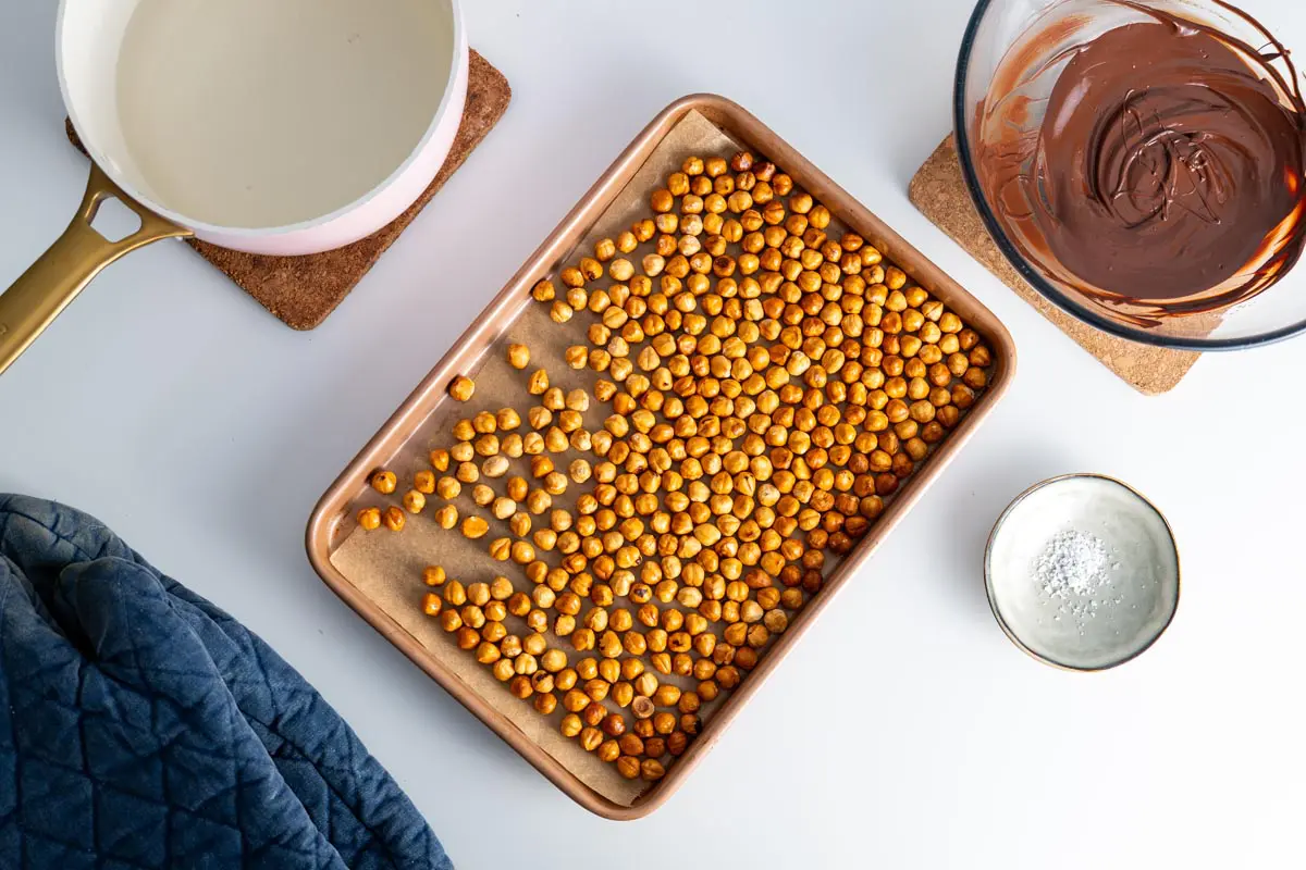 Top view of ingredients for vegan Nutella with roasted hazelnuts, melted dark chocolate, and sea salt on a kitchen counter ready for Processing