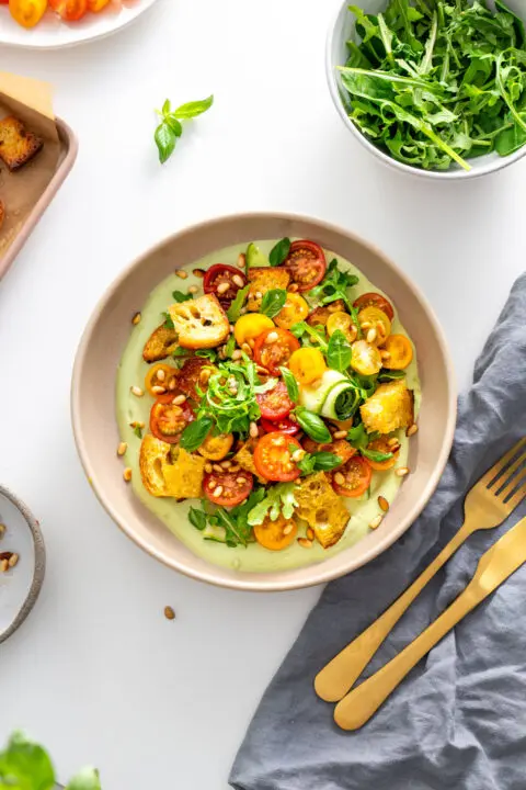 Overhead view of the assembled high-protein pesto bowl, ready to serve.