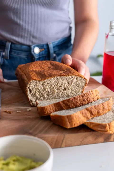 Close-up of the red lentil quinoa bread loaf showing its soft texture.