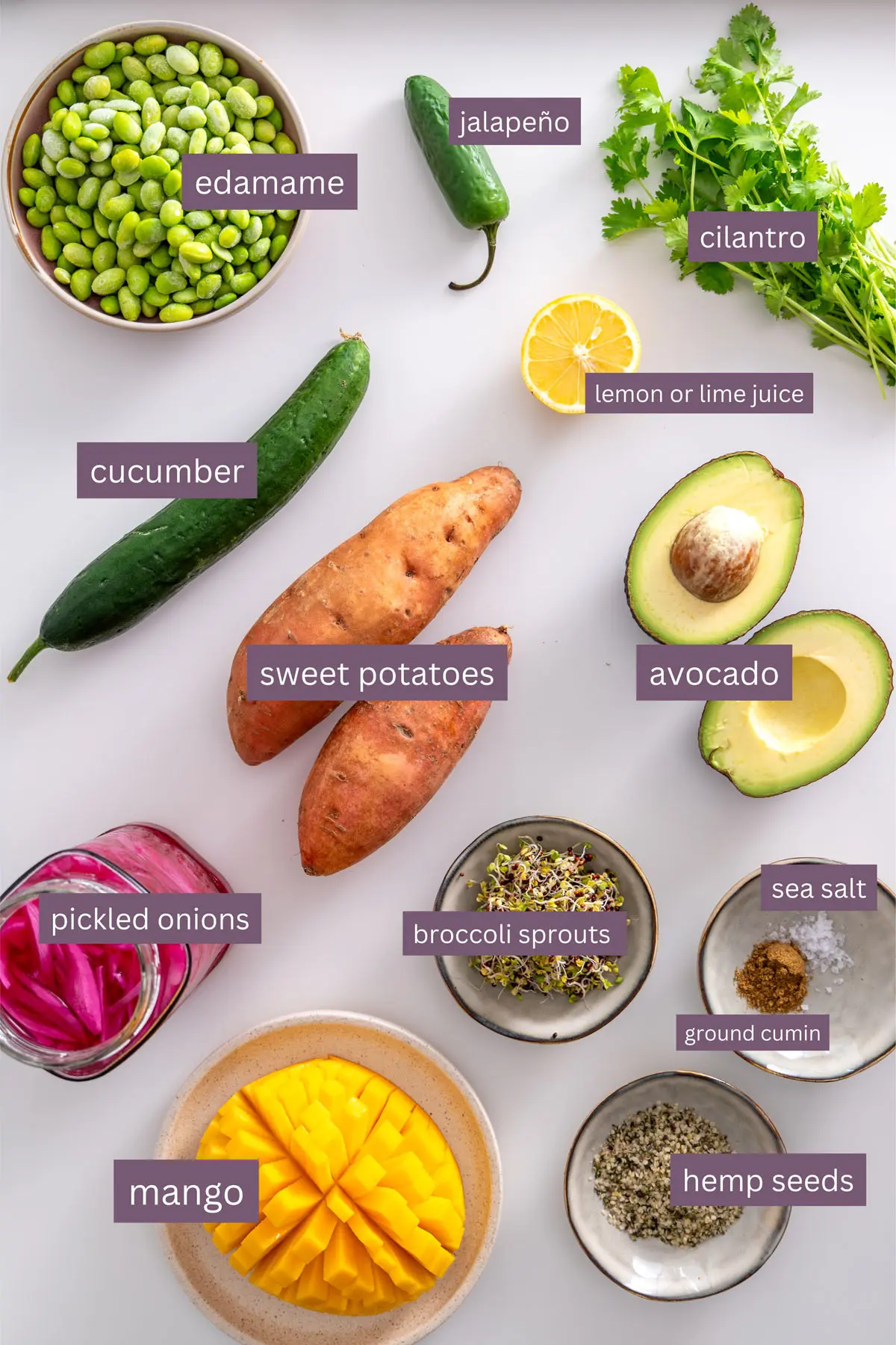 Vibrant ingredients for an Edamame Sweet Potato Bowl recipe on a white surface, showcasing sweet potatoes, edamame, cucumber, avocado, and more.