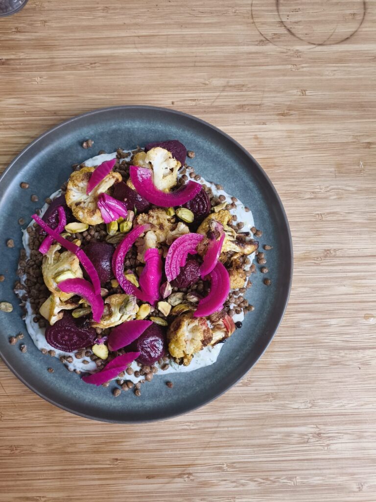 Olivia's Roasted Cauliflower Bowl with Tzatziki & Crispy Lentils