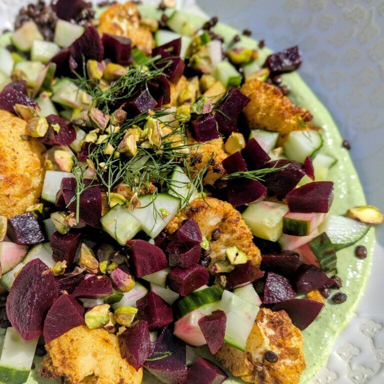 Jill's Roasted Cauliflower Bowl with Tzatziki & Crispy Lentils