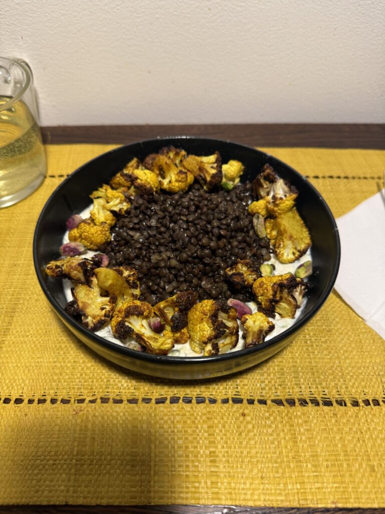 Laura's Roasted Cauliflower Bowl with Tzatziki & Crispy Lentils