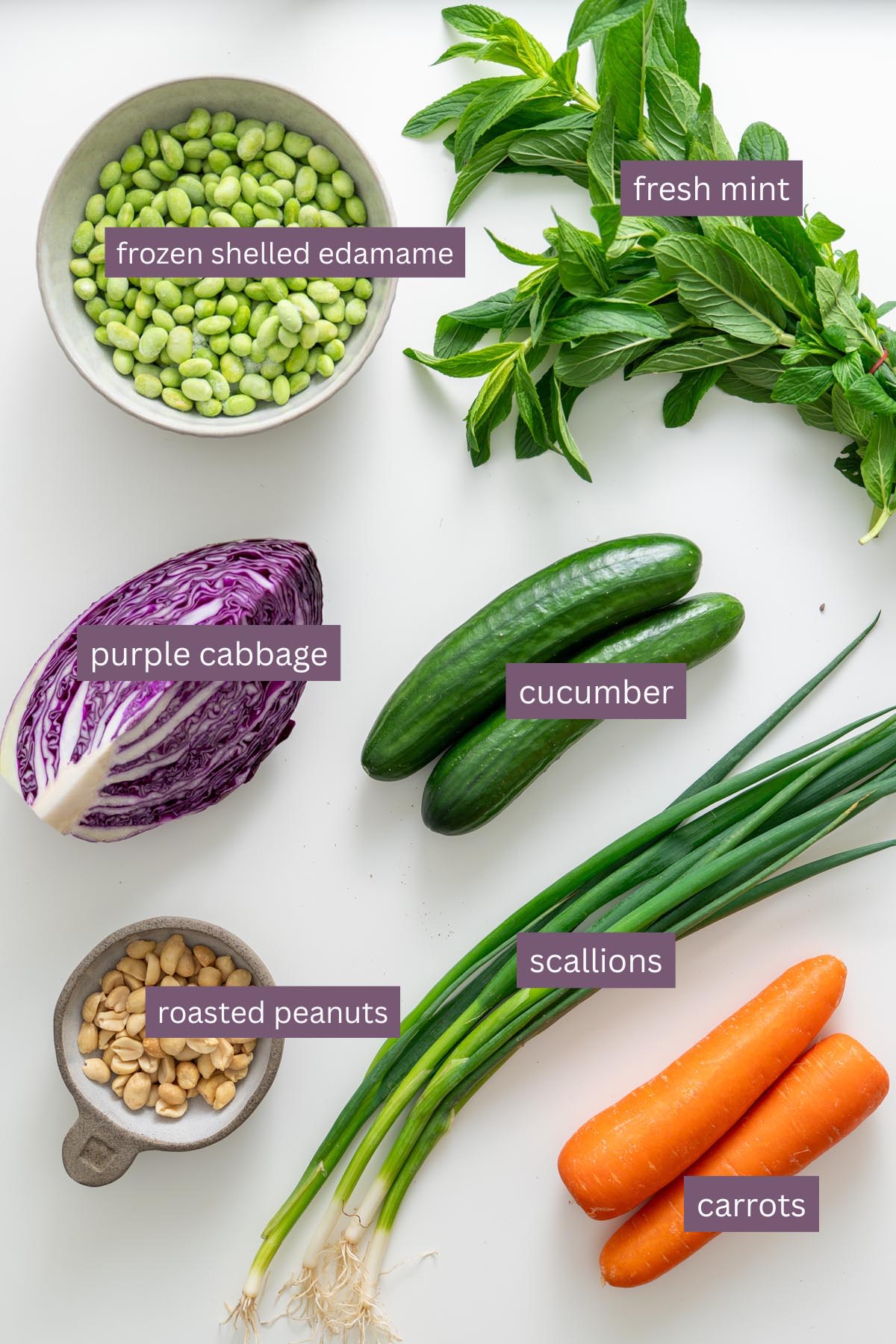 Frozen shelled edamame, fresh mint, purple cabbage, cucumbers, scallions, roasted peanuts, and carrots on a white surface