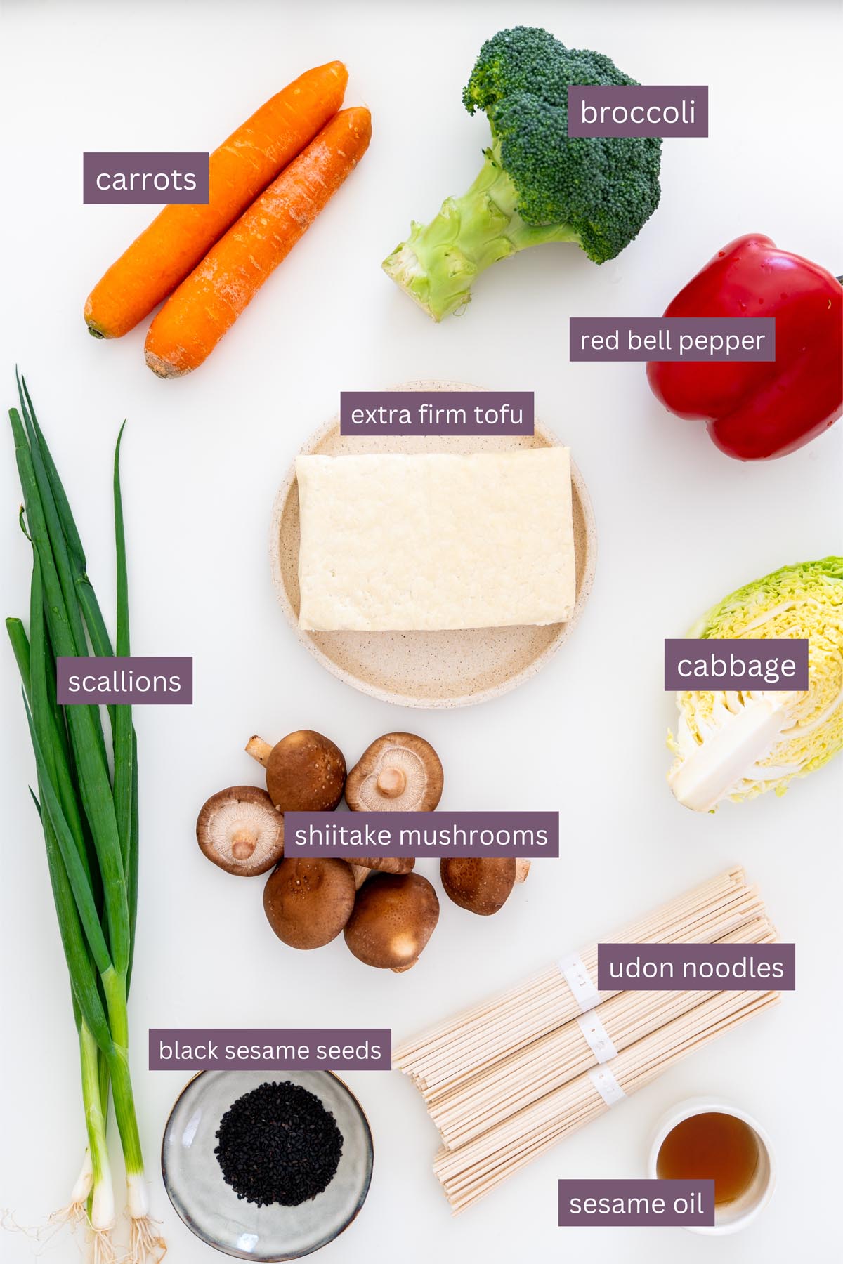 Vibrant ingredients for a veggie noodle stir fry on a white surface including tofu, broccoli, mushrooms, and noodles