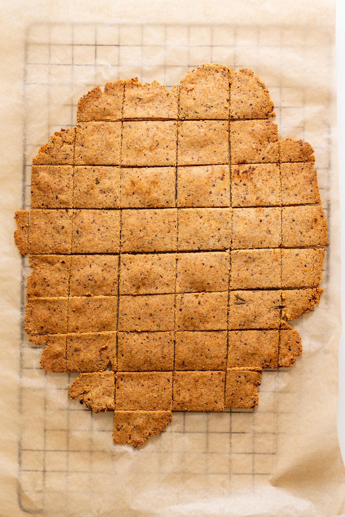 Baked almond flour rosemary crackers cut into neat squares on parchment paper.