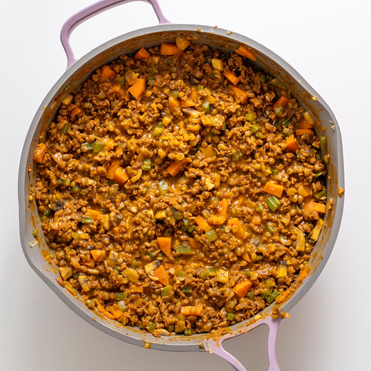 skillet with lentil tvp mushroom carrot and celery filling