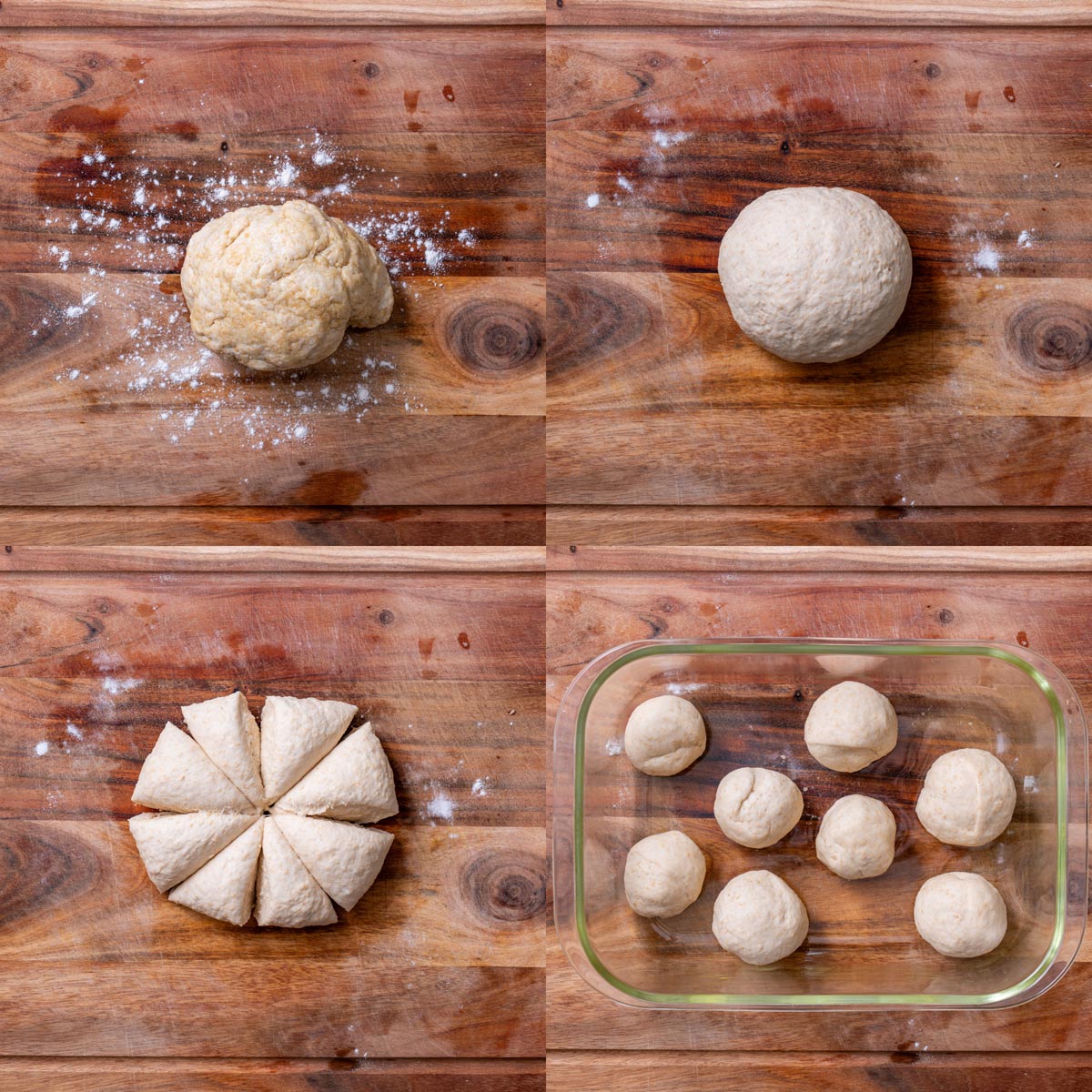Four images showing process of preparing dairy-free naan dough: a ball of dough with flour, a round dough ball, dough cut into wedges, and dough balls in a glass container