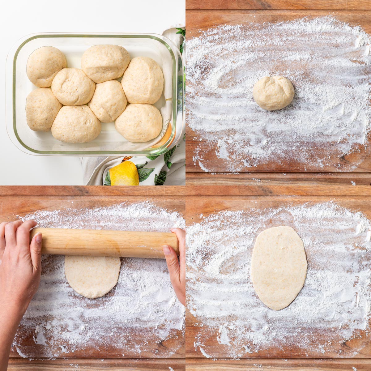 Four images showing steps for making dairy-free naan: dough balls in a glass container, a dough ball on a floured surface, Sarah Cobacho rolling dough with a pin, and rolled naan dough on floured surface