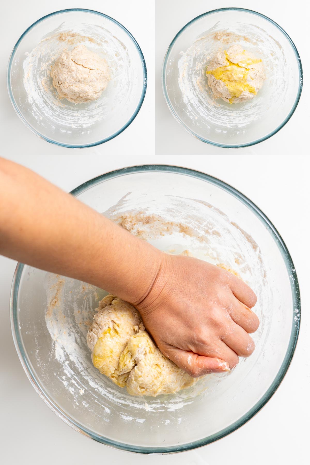 Sarah Cobacho kneading dairy-free naan dough in a glass bowl with smaller images of dough in bowls above