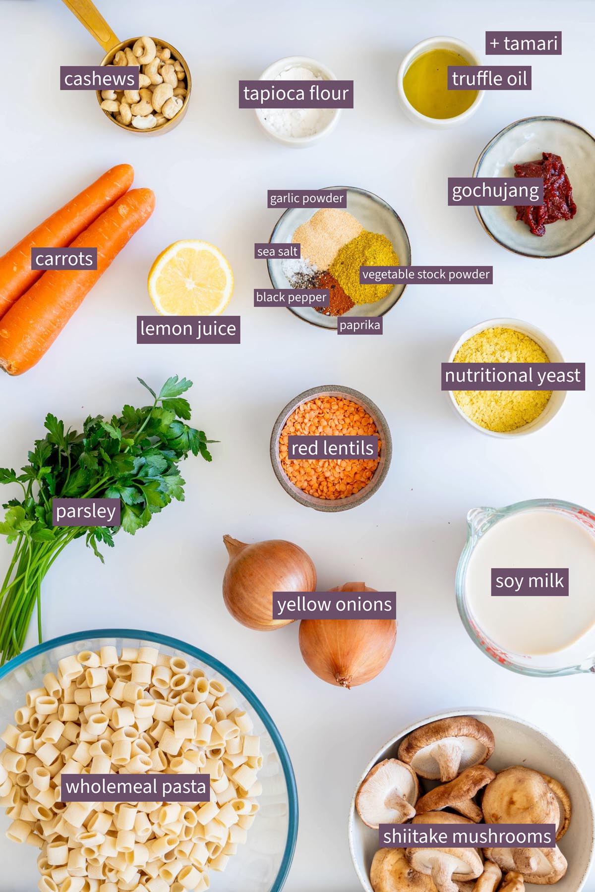 Labeled overhead shot of ingredients for vegan holiday mac and cheese