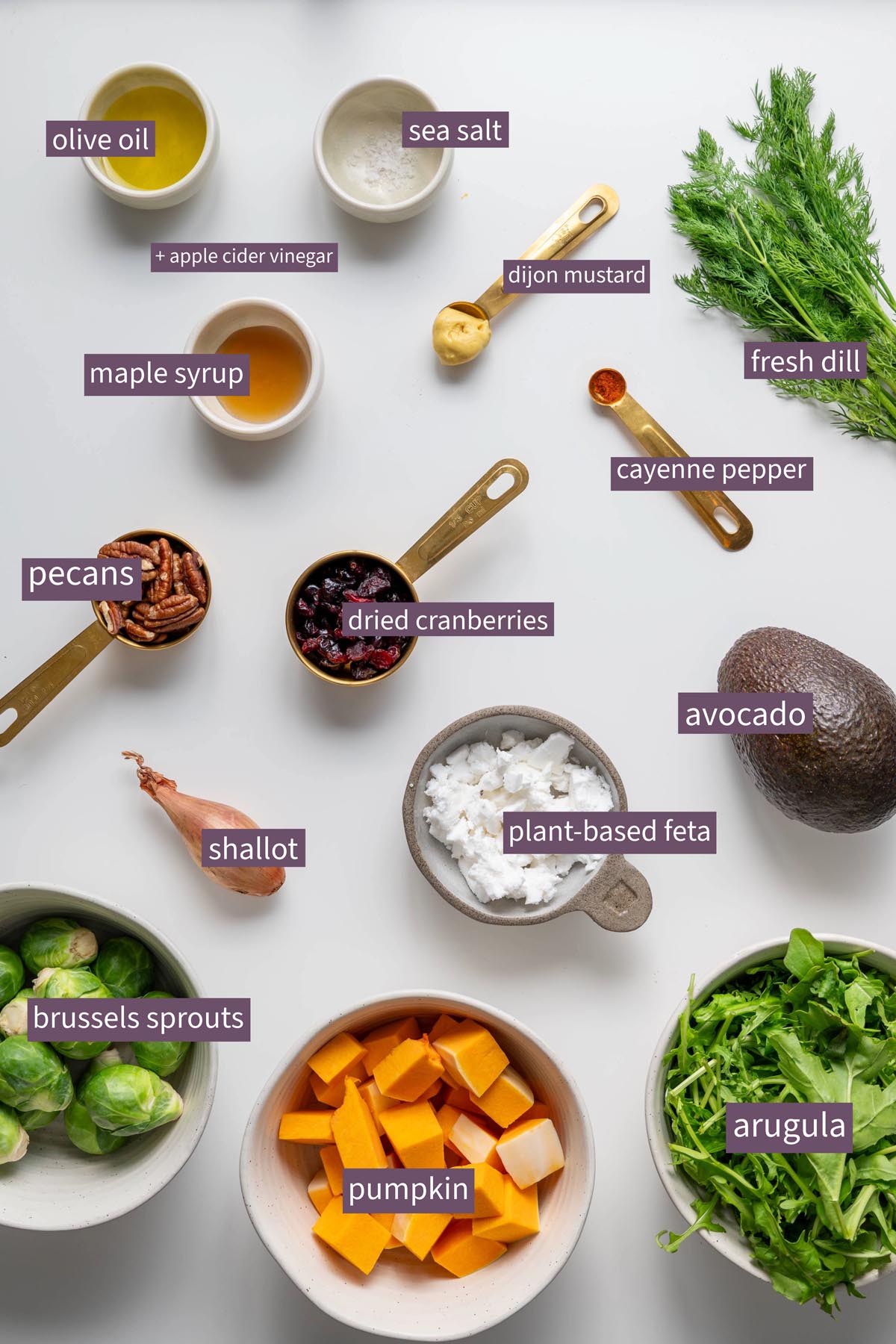 Overhead view of vibrant ingredients for a roasted pumpkin and Brussels sprouts holiday salad on a white surface