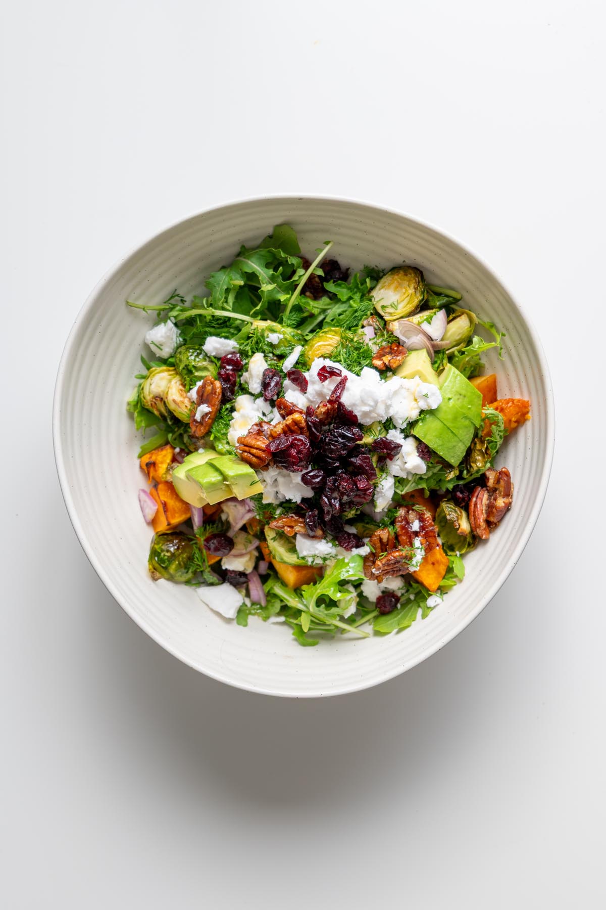 Assembled holiday salad with arugula, roasted pumpkin, Brussels sprouts, cranberries, avocado, and pecans in a white bowl
