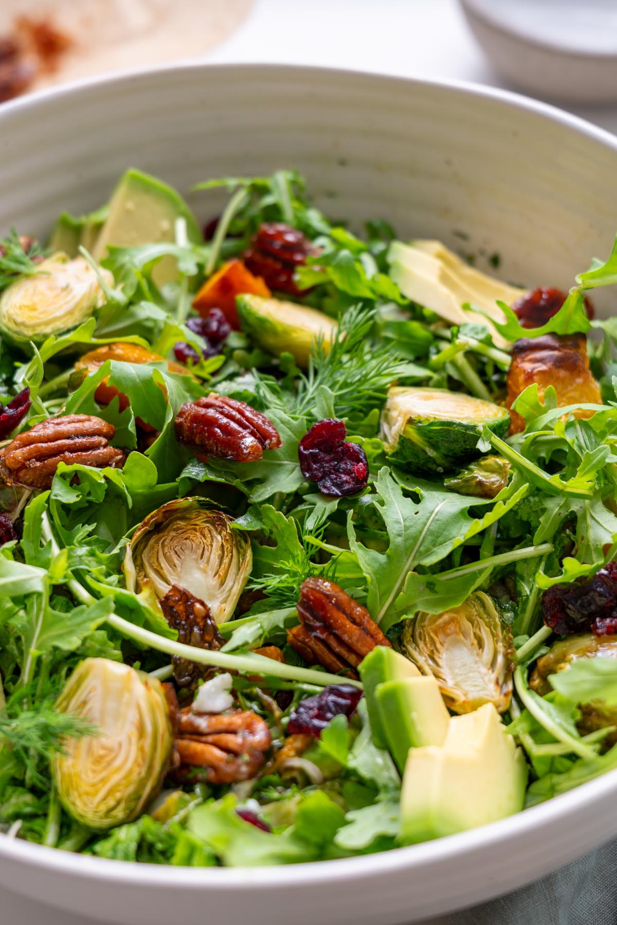 Close-up of holiday salad showing roasted Brussels sprouts, candied pecans, cranberries, and fresh herbs