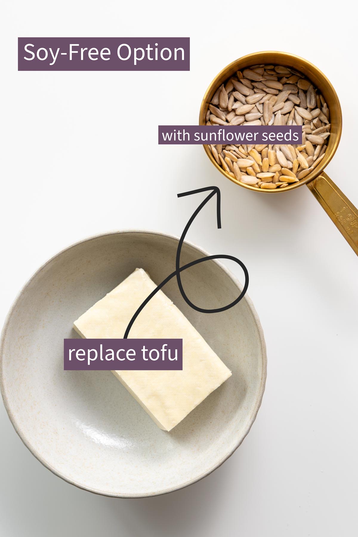 Extra firm tofu and sunflower seeds displayed on white dishes, showing the soy-free option for roasted cauliflower and red bell pepper soup.