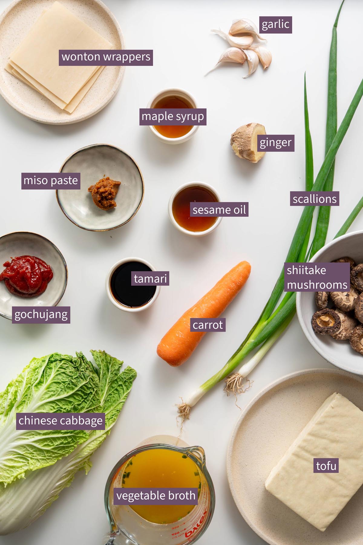 Vibrant ingredients for a soup dumpling lasagna meal prep on a white surface.