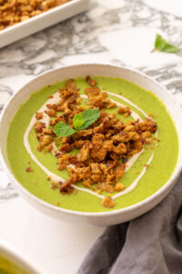 Sweet Pea and Mint Soup with Chickpea Crumble