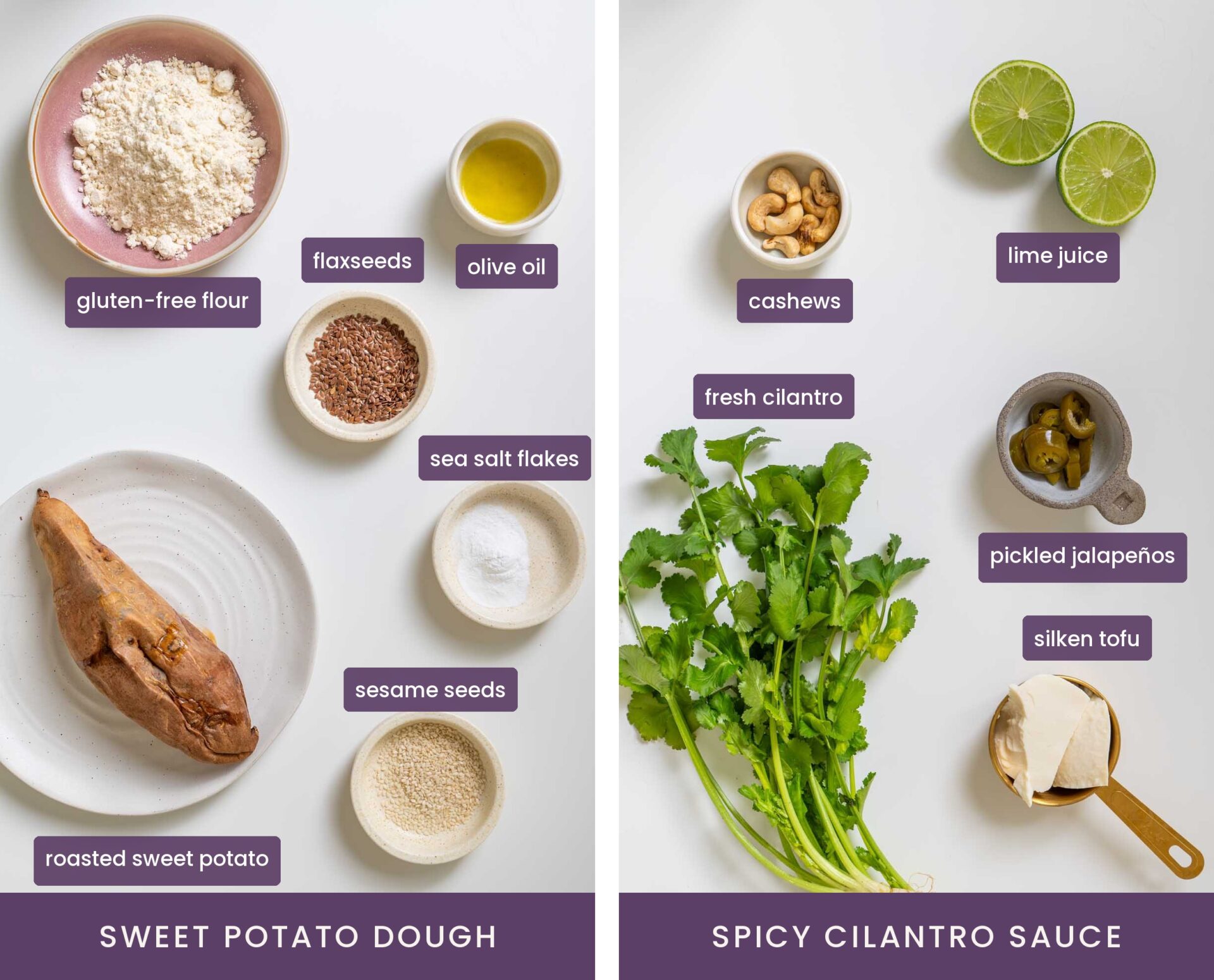 vibrant ingredients for the sweet potato dough and the spicy cilantro sauce on a white surface.