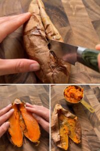 roasting a whole sweet potato and mashing the cooked flesh.