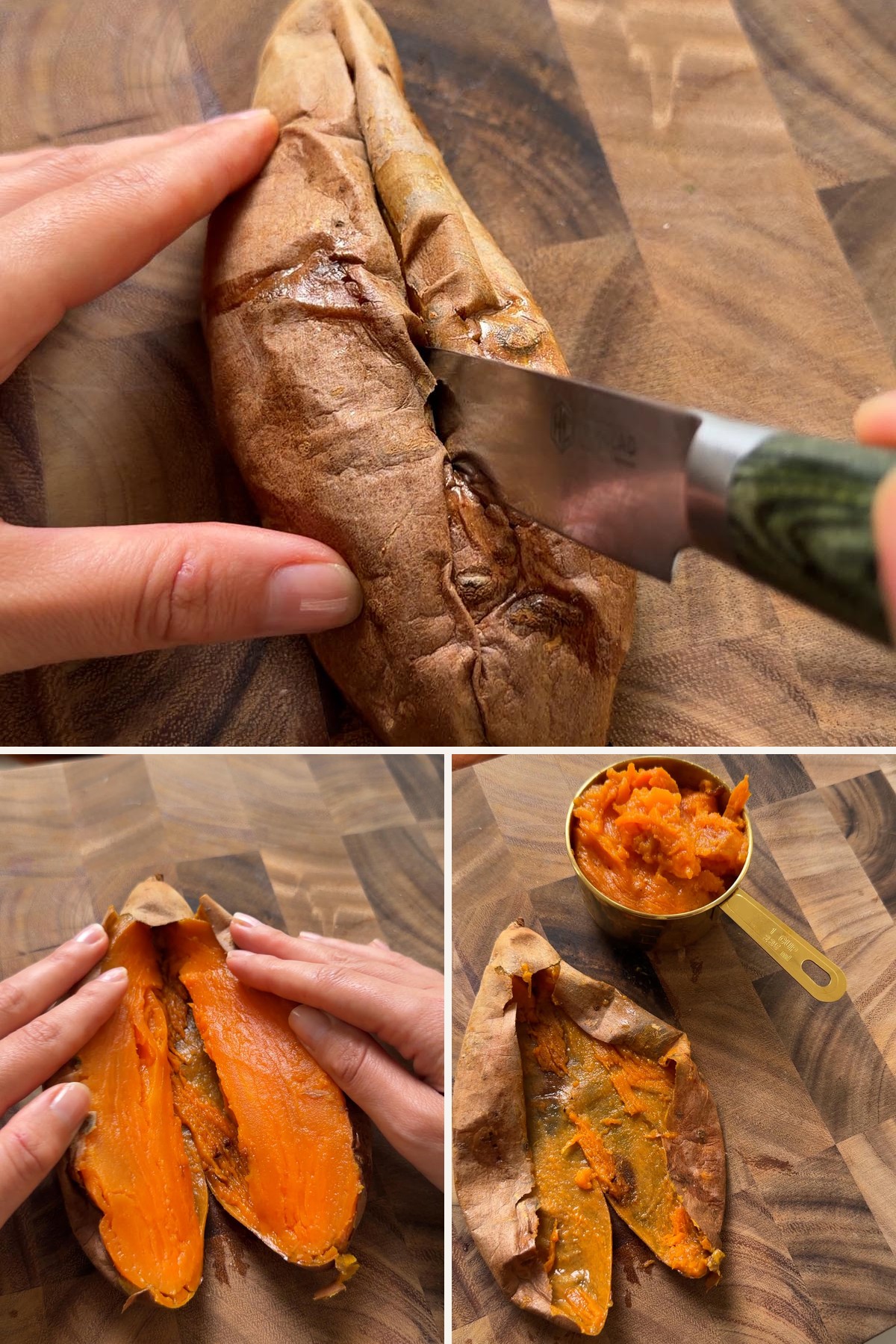 roasting a whole sweet potato and mashing the cooked flesh.