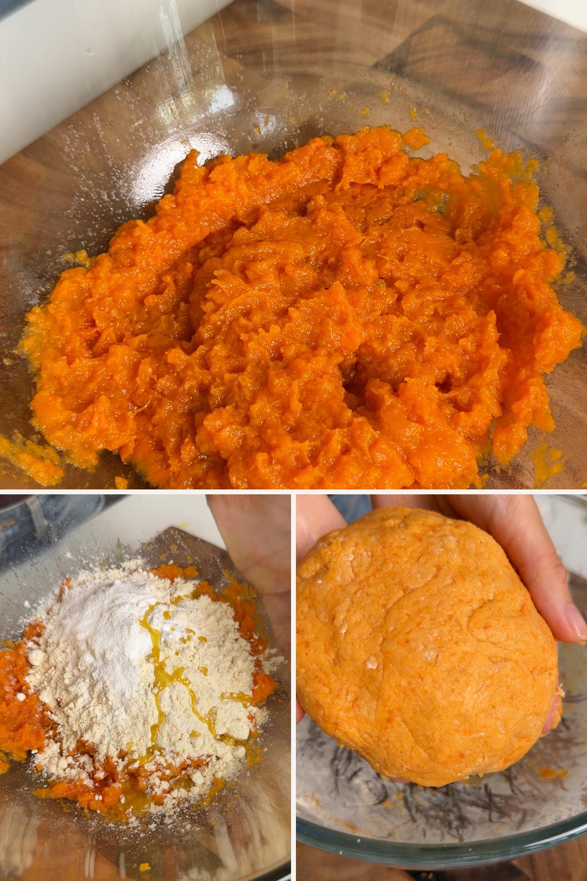 mixing mashed sweet potato with gluten-free flour into a soft dough.