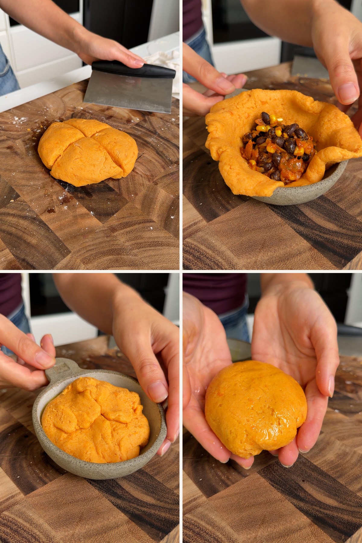 pressing dough into a small bowl, spooning in the filling and sealing it into a round bun.