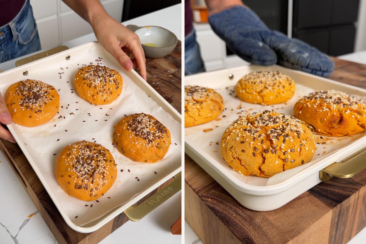 sprinkling sesame and flaxseeds over the buns before baking until golden.