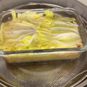 steamed cabbage soup dumpling lasagna in a steamer basket.