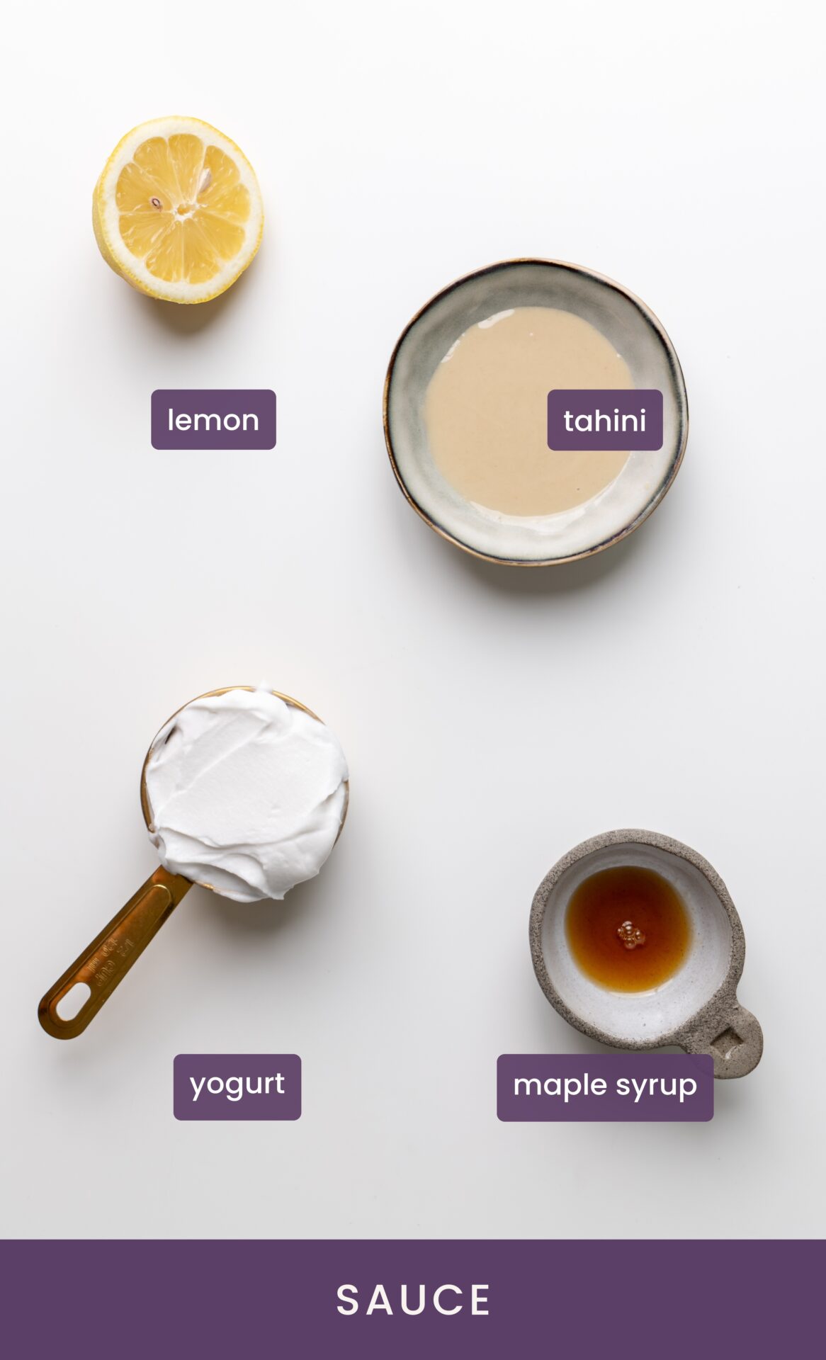 labeled sauce ingredients for Sheet Pan Potato and Crispy Kale Bowl tahini yogurt.