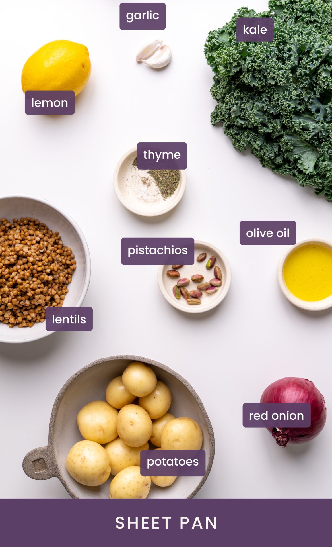 labeled sheet pan ingredients for Sheet Pan Potato and Crispy Kale Bowl.