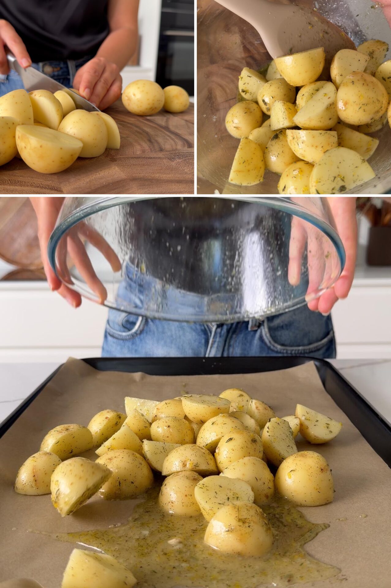 chopping, tossing, and sheet-panning potatoes for Sheet Pan Potato and Crispy Kale Bowl.
