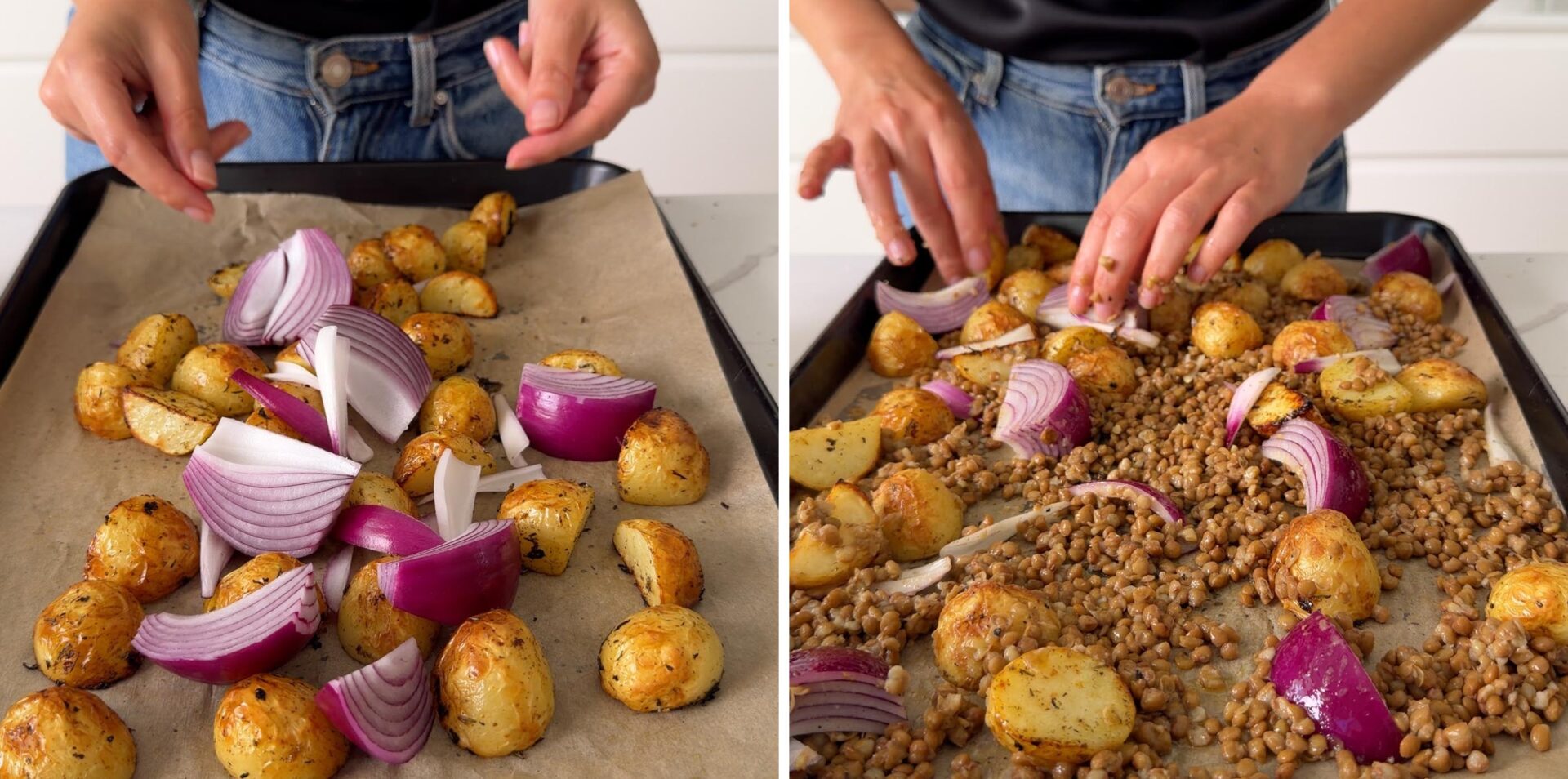 adding red onion wedges and spreading lentils over roasted potatoes on a sheet pan.