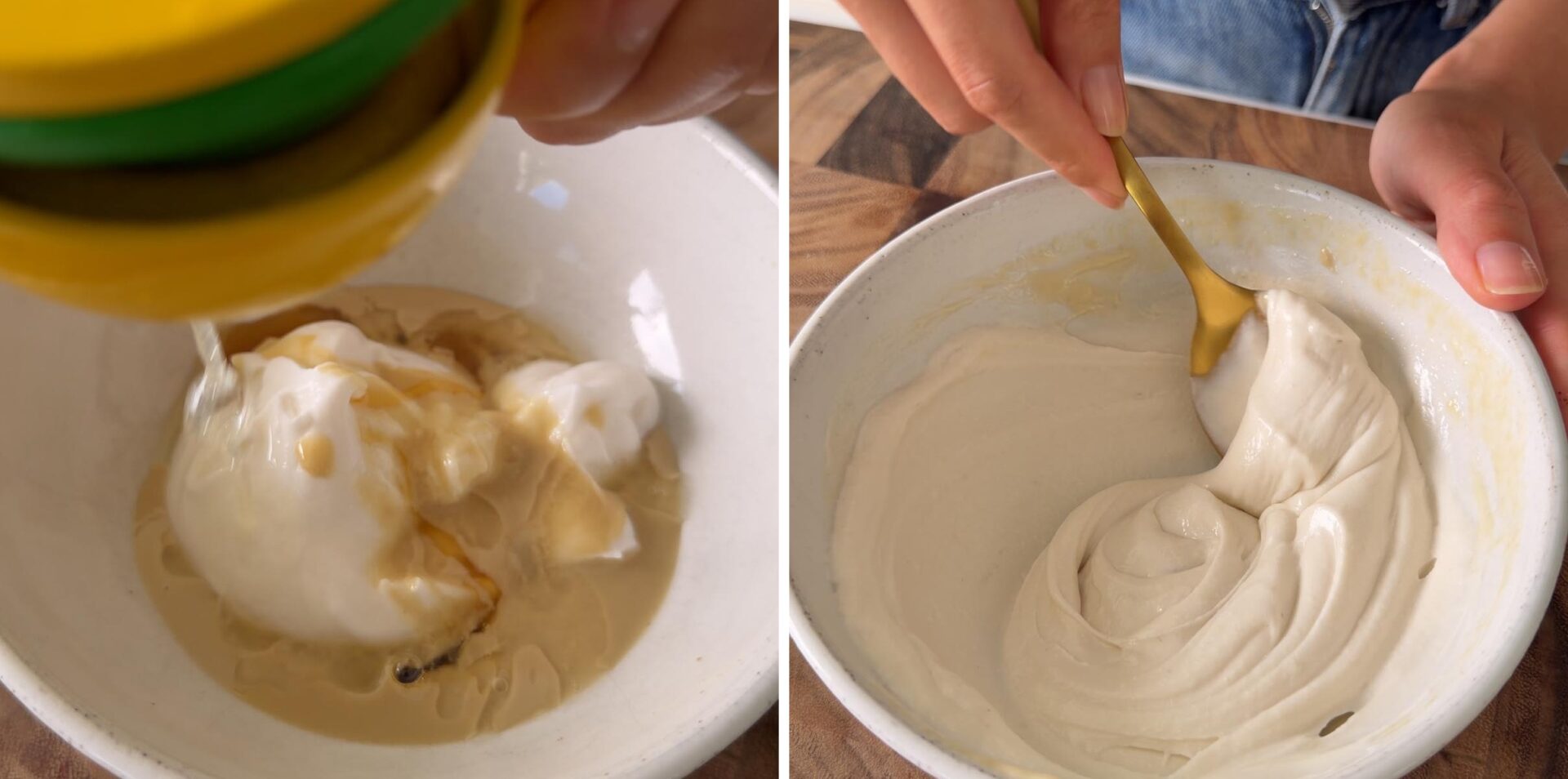 squeezing lemon into tahini yogurt sauce and stirring until smooth.