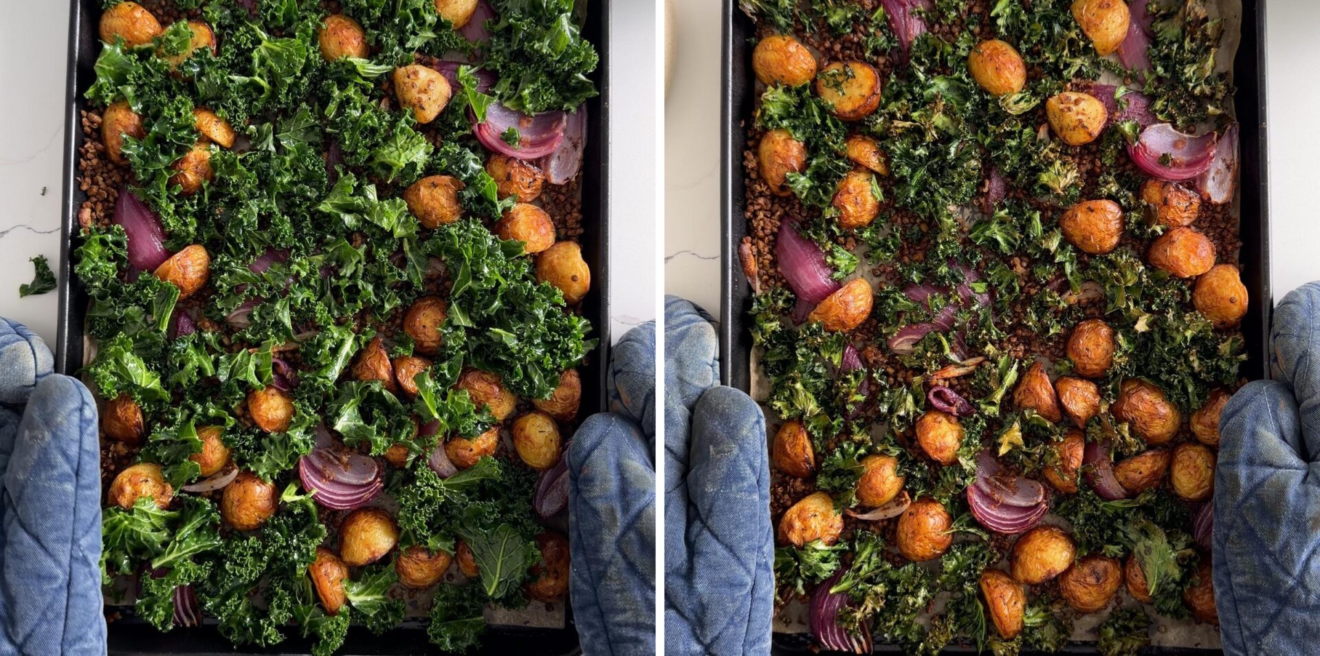 kale layered on the sheet pan before and after roasting until crispy.