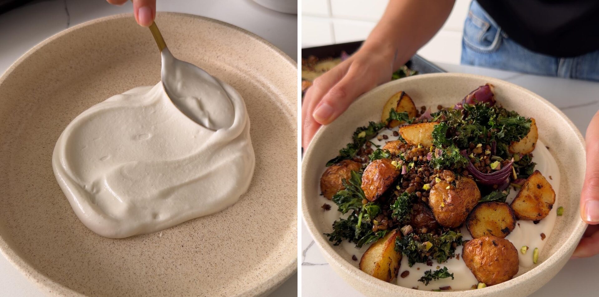 spreading tahini yogurt in a bowl and serving the finished Sheet Pan Potato and Crispy Kale Bowl.